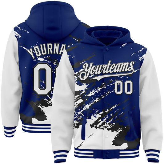 Custom Royal White-Black Splash Art 3D Pattern Design Bomber Full-Snap Varsity Letterman Hoodie Jacket - Main View