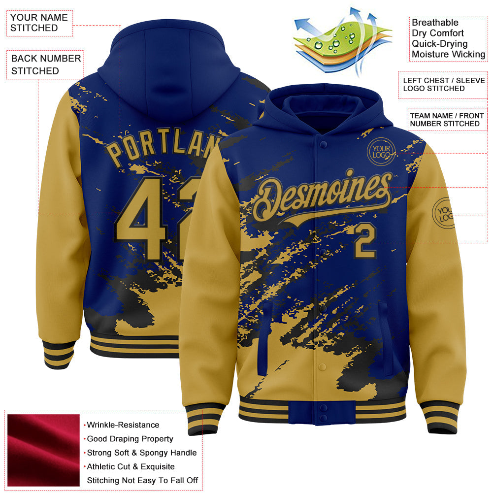 Custom Royal Old Gold-Black Splash Art 3D Pattern Design Bomber Full-Snap Varsity Letterman Hoodie Jacket view 4