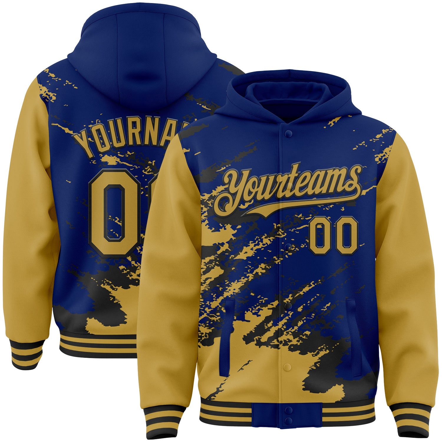 Custom Royal Old Gold-Black Splash Art 3D Pattern Design Bomber Full-Snap Varsity Letterman Hoodie Jacket - Main View