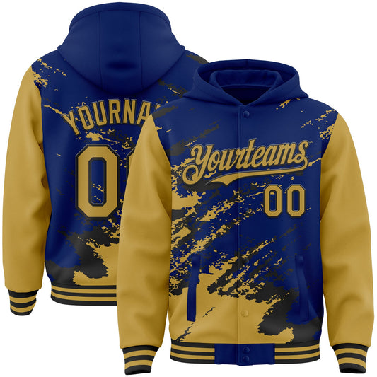 Custom Royal Old Gold-Black Splash Art 3D Pattern Design Bomber Full-Snap Varsity Letterman Hoodie Jacket - Main View