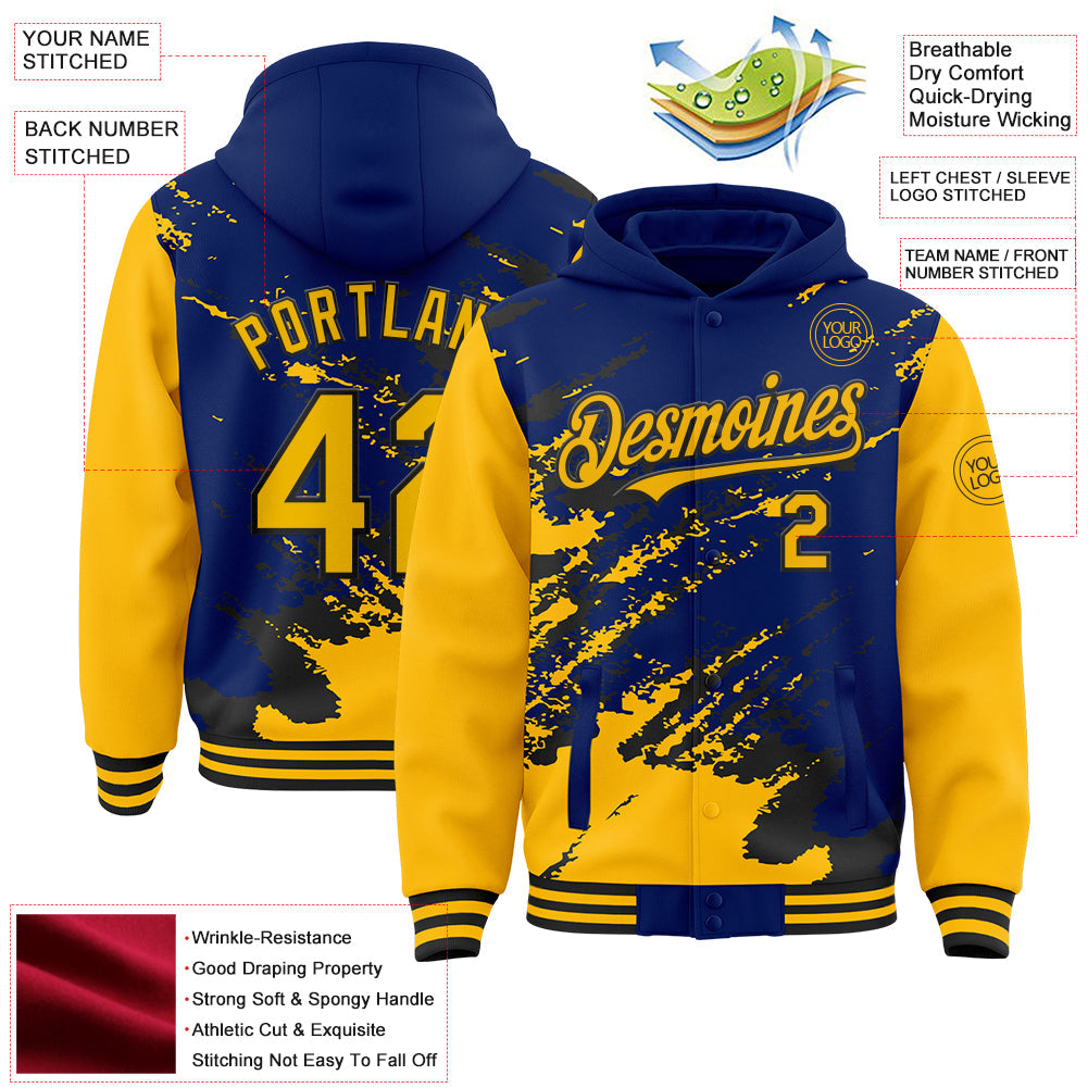 Custom Royal Gold-Black Splash Art 3D Pattern Design Bomber Full-Snap Varsity Letterman Hoodie Jacket view 4