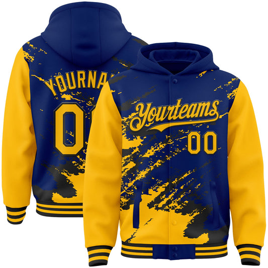 Custom Royal Gold-Black Splash Art 3D Pattern Design Bomber Full-Snap Varsity Letterman Hoodie Jacket - Main View