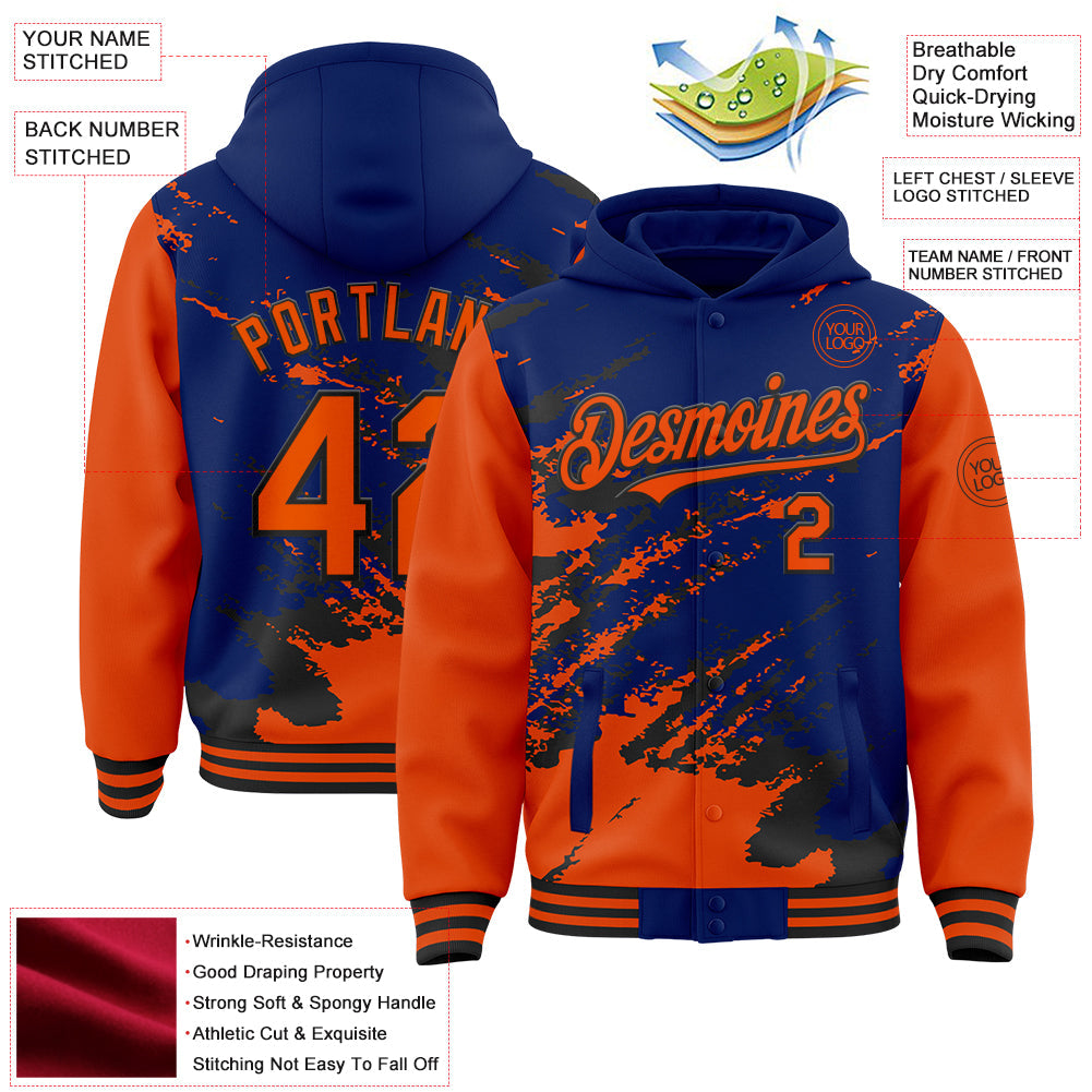 Custom Royal Orange-Black Splash Art 3D Pattern Design Bomber Full-Snap Varsity Letterman Hoodie Jacket view 4