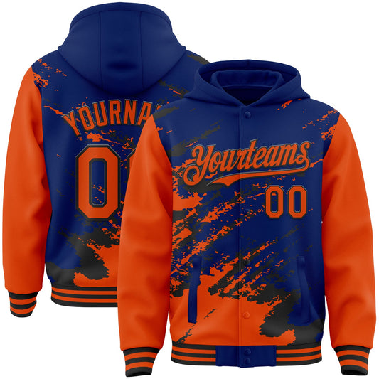 Custom Royal Orange-Black Splash Art 3D Pattern Design Bomber Full-Snap Varsity Letterman Hoodie Jacket - Main View