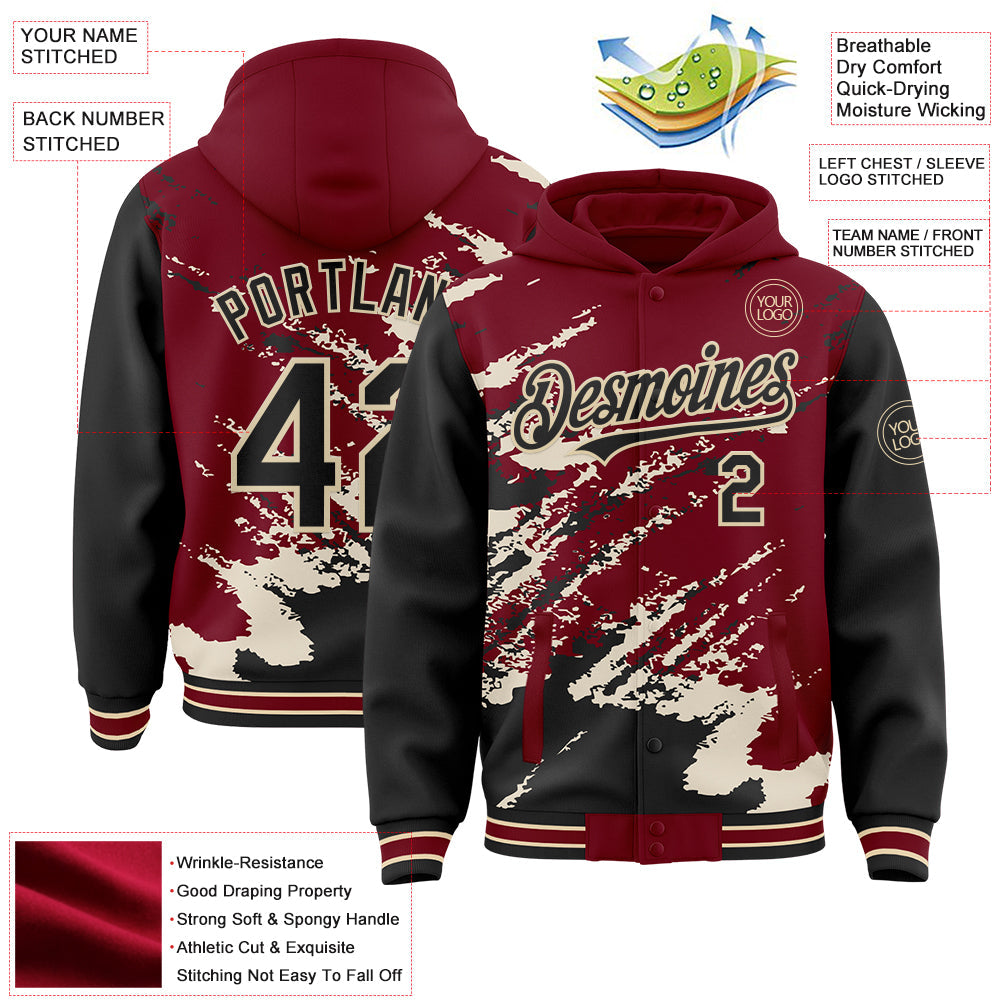 Custom Crimson Black-Cream Splash Art 3D Pattern Design Bomber Full-Snap Varsity Letterman Hoodie Jacket view 4