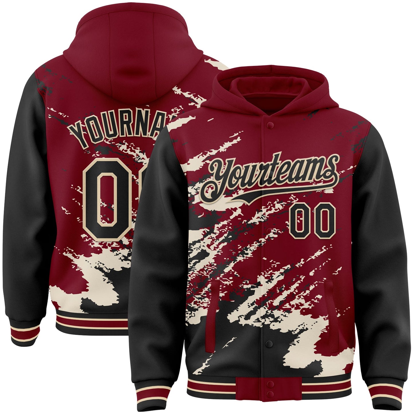 Custom Crimson Black-Cream Splash Art 3D Pattern Design Bomber Full-Snap Varsity Letterman Hoodie Jacket - Main View