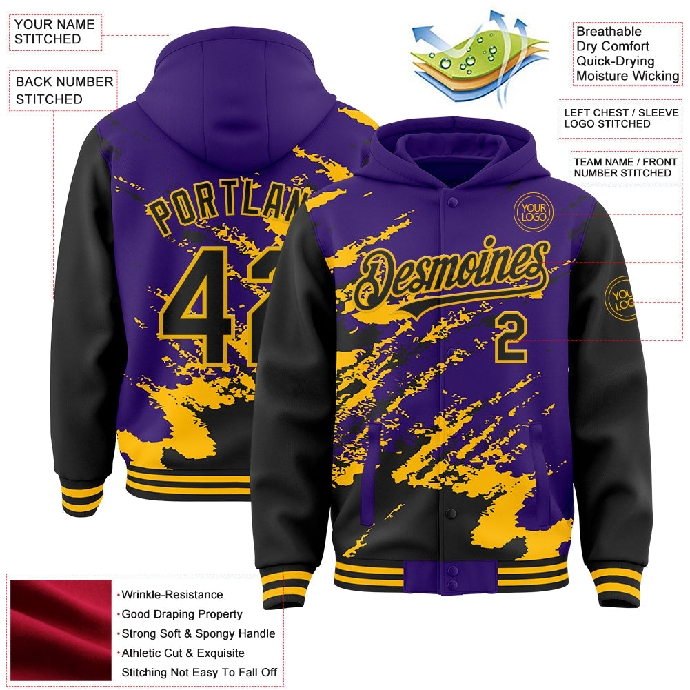 Custom Purple Black-Gold Splash Art 3D Pattern Design Bomber Full-Snap Varsity Letterman Hoodie Jacket view 4