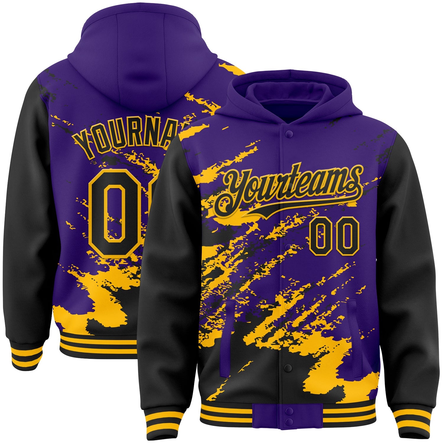 Custom Purple Black-Gold Splash Art 3D Pattern Design Bomber Full-Snap Varsity Letterman Hoodie Jacket - Main View