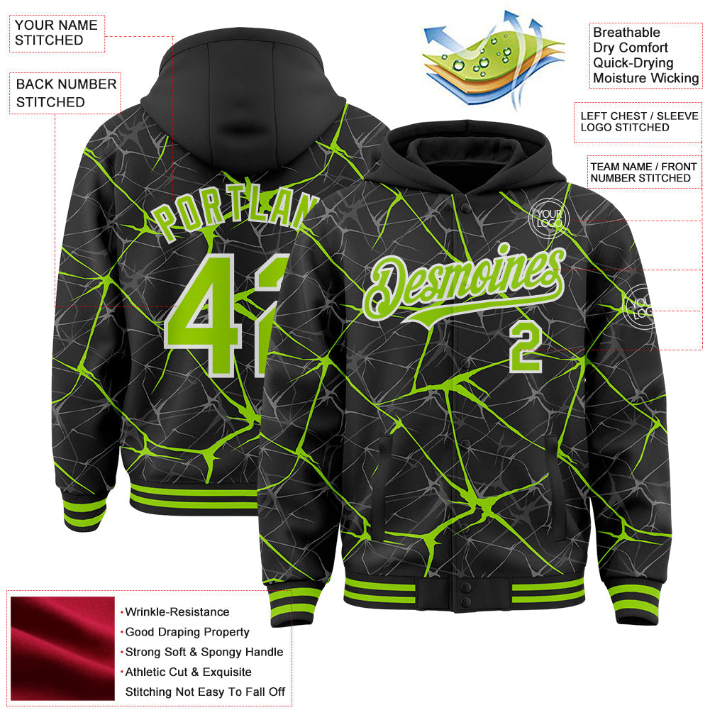 Custom Black Neon Green-White Abstract Network 3D Pattern Design Bomber Full-Snap Varsity Letterman Hoodie Jacket view 4
