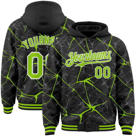 Custom Black Neon Green-White Abstract Network 3D Pattern Design Bomber Full-Snap Varsity Letterman Hoodie Jacket - Main View