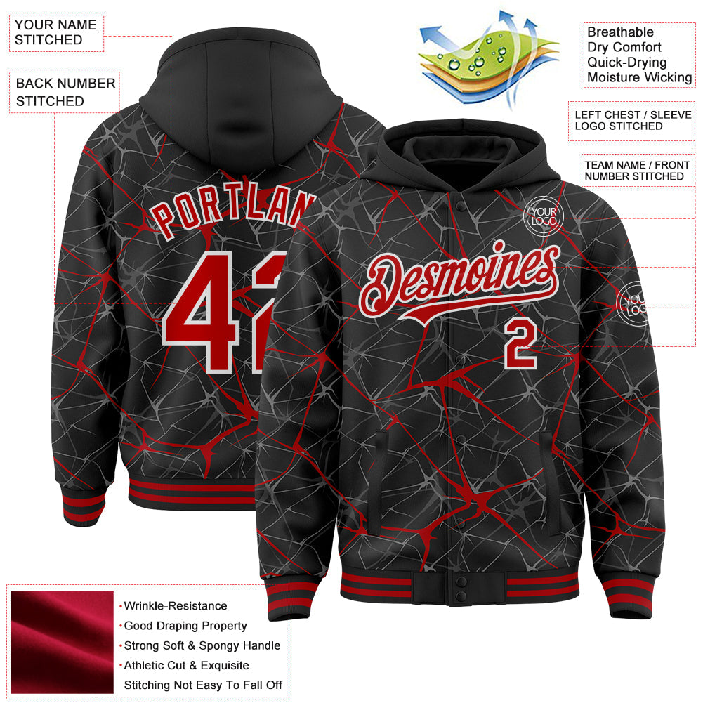 Custom Black Red-White Abstract Network 3D Pattern Design Bomber Full-Snap Varsity Letterman Hoodie Jacket view 4