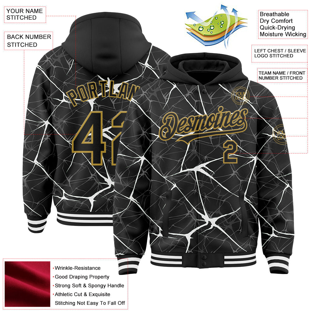 Custom Black White-Old Gold Abstract Network 3D Pattern Design Bomber Full-Snap Varsity Letterman Hoodie Jacket view 4