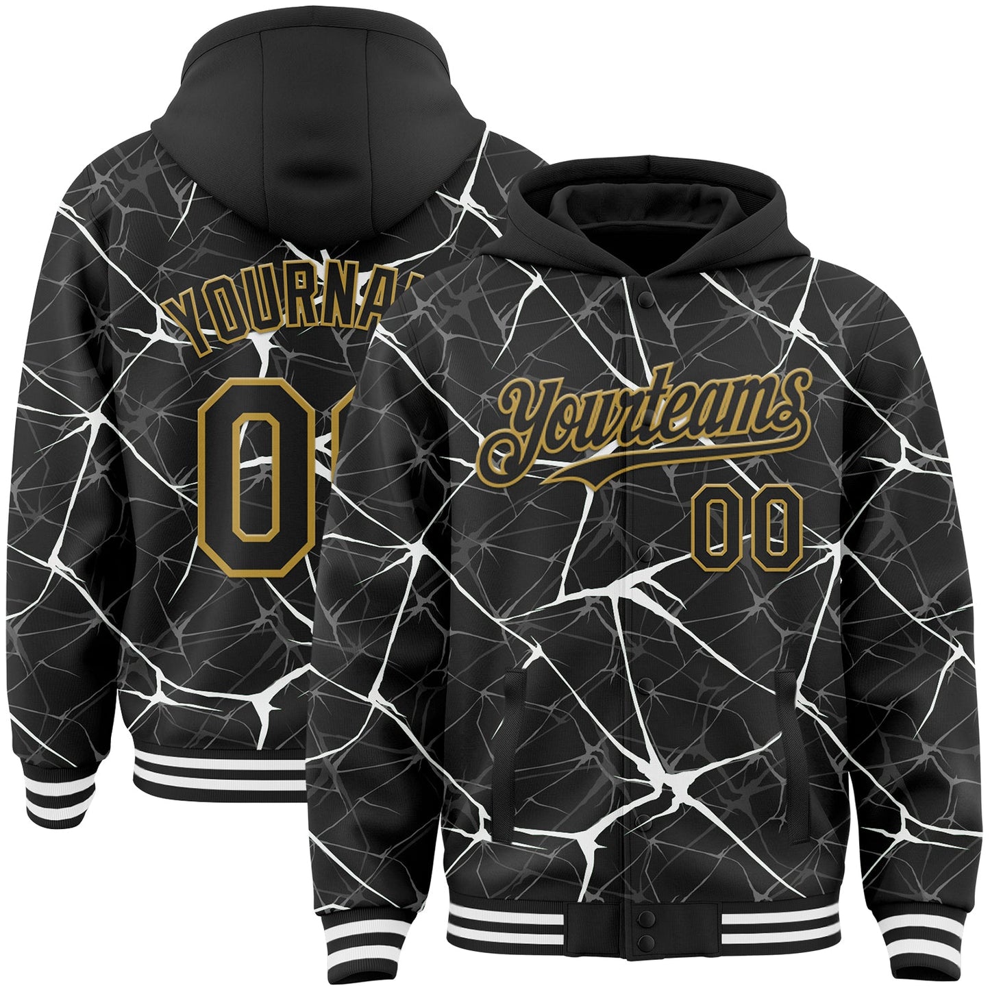 Custom Black White-Old Gold Abstract Network 3D Pattern Design Bomber Full-Snap Varsity Letterman Hoodie Jacket - Main View