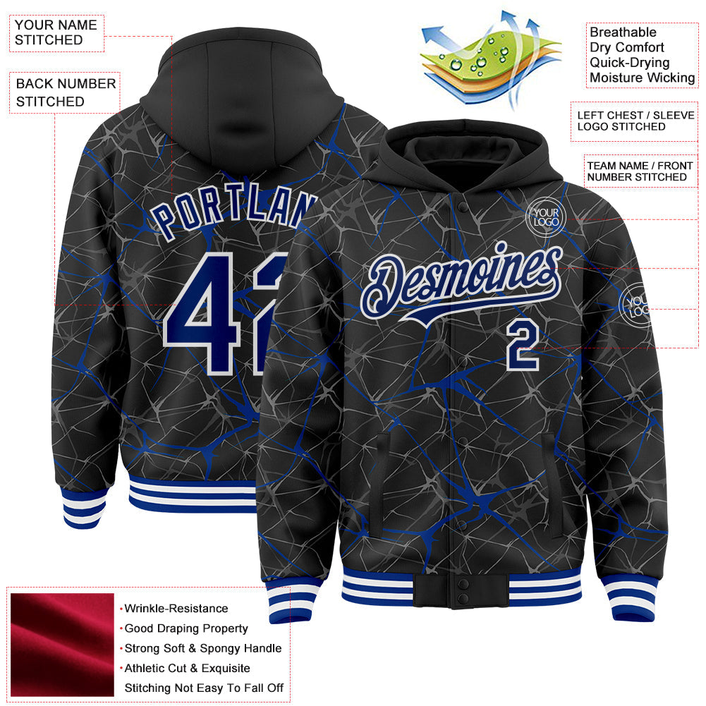 Custom Black Royal-White Abstract Network 3D Pattern Design Bomber Full-Snap Varsity Letterman Hoodie Jacket view 4