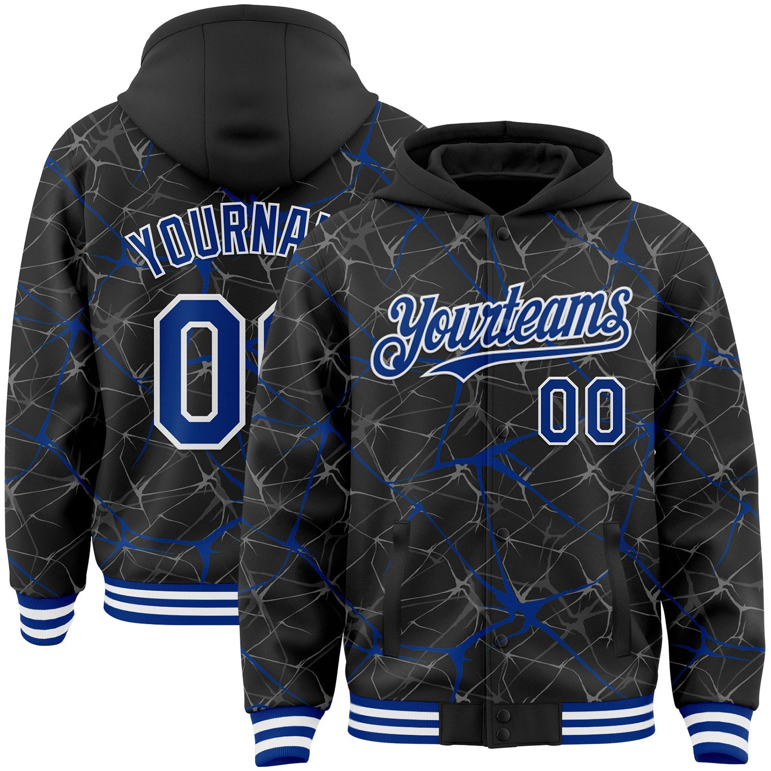 Custom Black Royal-White Abstract Network 3D Pattern Design Bomber Full-Snap Varsity Letterman Hoodie Jacket - Main View
