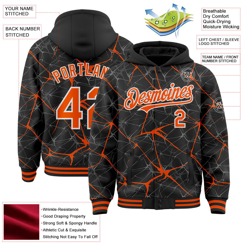 Custom Black Orange-White Abstract Network 3D Pattern Design Bomber Full-Snap Varsity Letterman Hoodie Jacket view 4