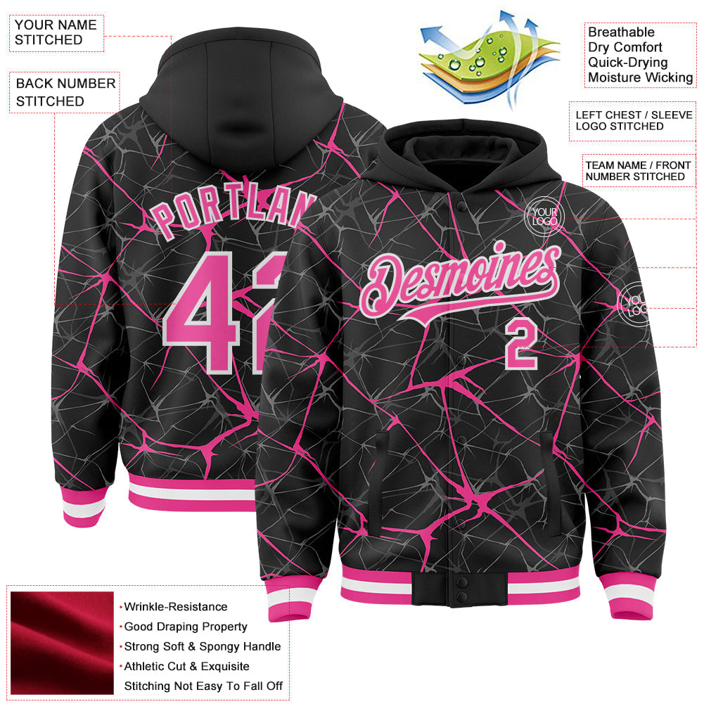 Custom Black Pink-White Abstract Network 3D Pattern Design Bomber Full-Snap Varsity Letterman Hoodie Jacket view 4