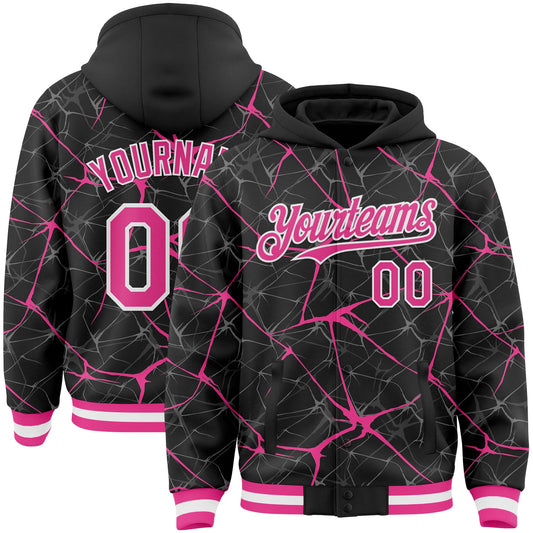 Custom Black Pink-White Abstract Network 3D Pattern Design Bomber Full-Snap Varsity Letterman Hoodie Jacket - Main View