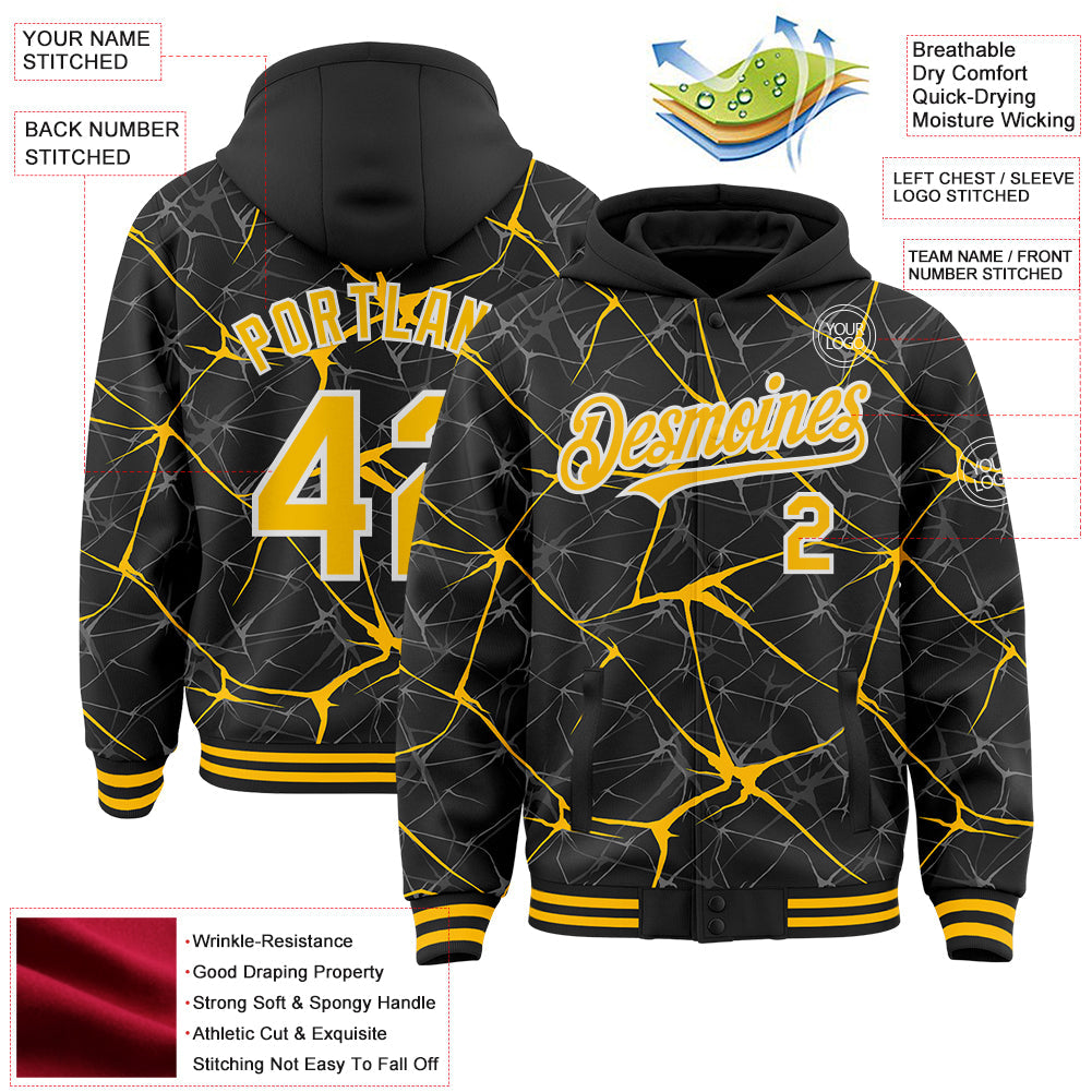 Custom Black Gold-White Abstract Network 3D Pattern Design Bomber Full-Snap Varsity Letterman Hoodie Jacket view 4