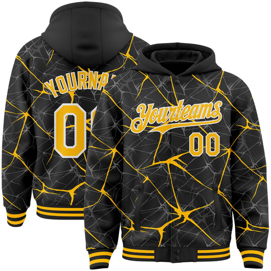 Custom Black Gold-White Abstract Network 3D Pattern Design Bomber Full-Snap Varsity Letterman Hoodie Jacket - Main View