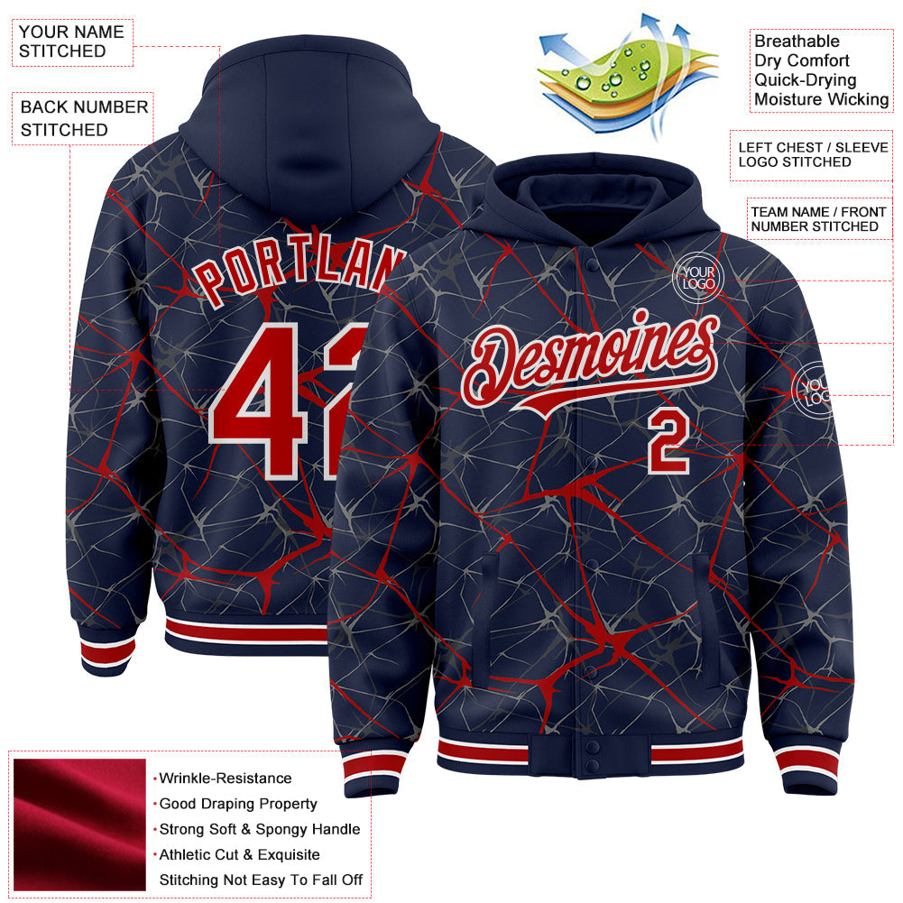 Custom Navy Red-White Abstract Network 3D Pattern Design Bomber Full-Snap Varsity Letterman Hoodie Jacket view 4