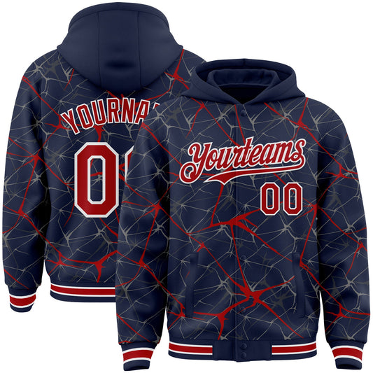 Custom Navy Red-White Abstract Network 3D Pattern Design Bomber Full-Snap Varsity Letterman Hoodie Jacket - Main View