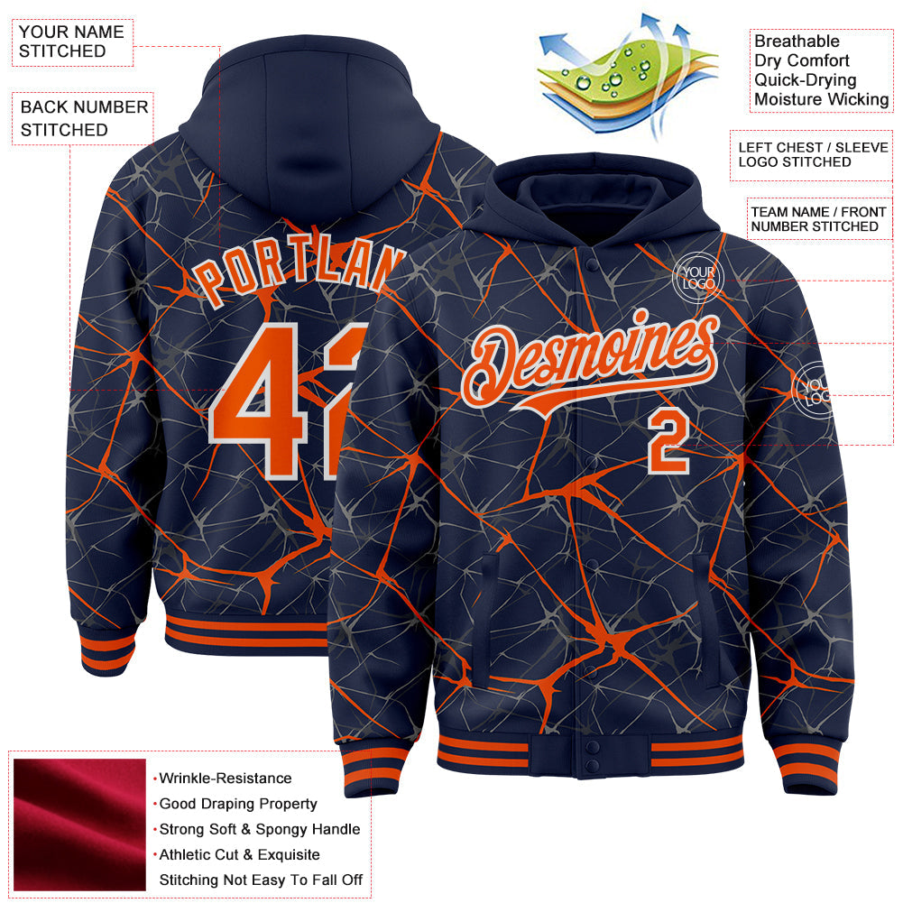 Custom Navy Orange-White Abstract Network 3D Pattern Design Bomber Full-Snap Varsity Letterman Hoodie Jacket view 4