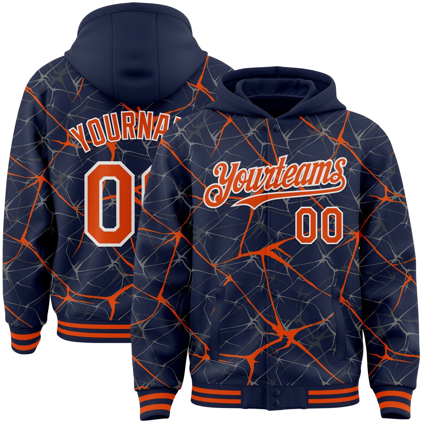 Custom Navy Orange-White Abstract Network 3D Pattern Design Bomber Full-Snap Varsity Letterman Hoodie Jacket - Main View