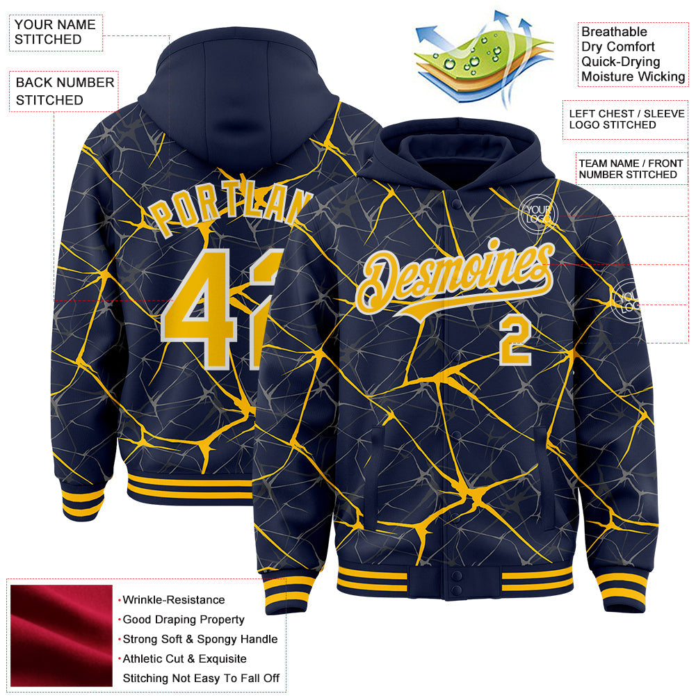 Custom Navy Gold-White Abstract Network 3D Pattern Design Bomber Full-Snap Varsity Letterman Hoodie Jacket view 4