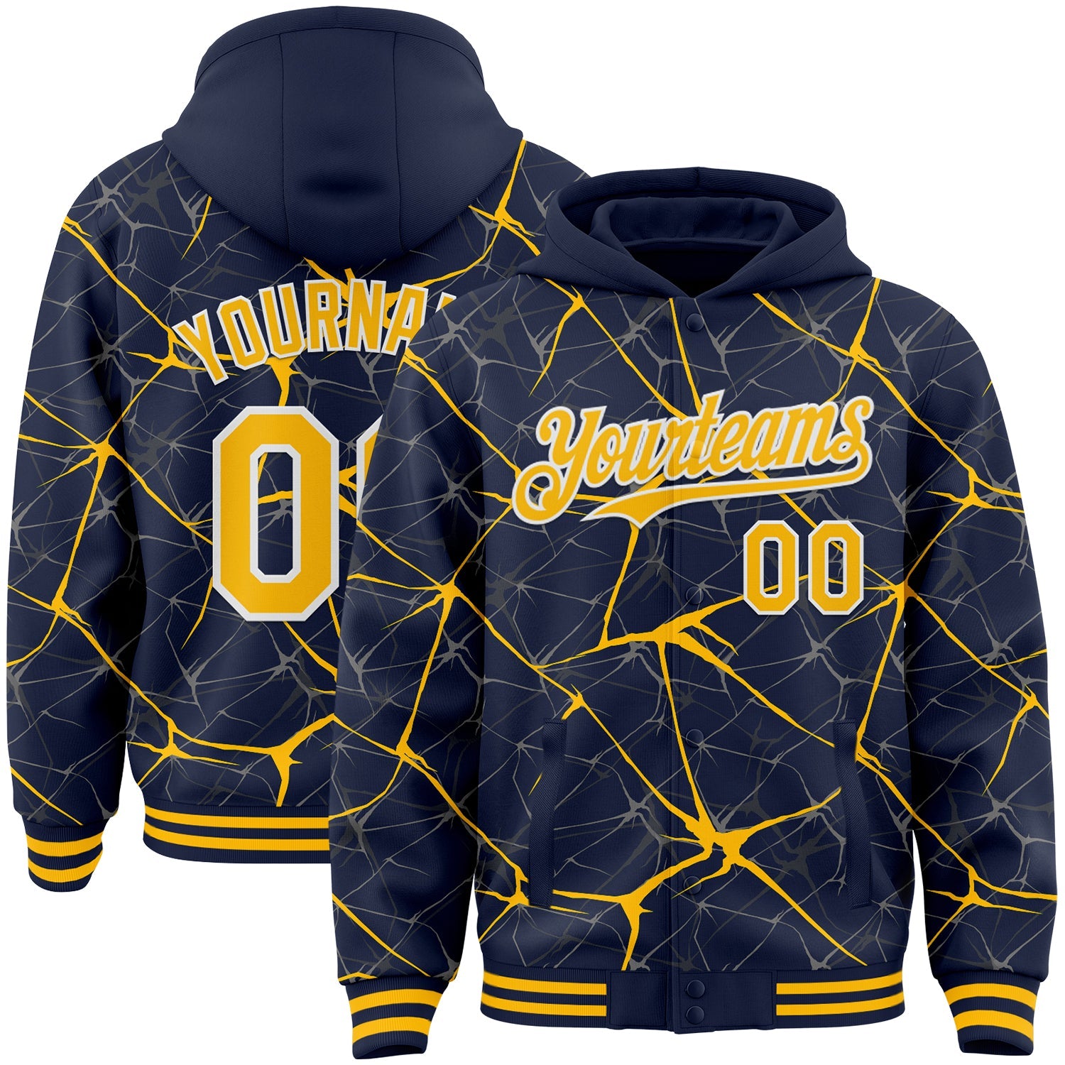 Custom Navy Gold-White Abstract Network 3D Pattern Design Bomber Full-Snap Varsity Letterman Hoodie Jacket - Main View