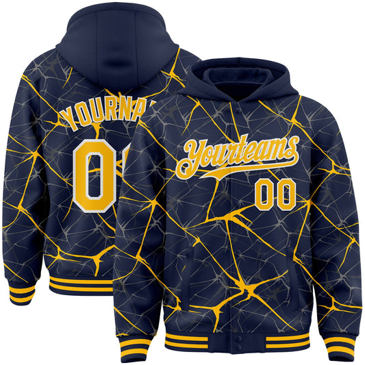 Custom Navy Gold-White Abstract Network 3D Pattern Design Bomber Full-Snap Varsity Letterman Hoodie Jacket - Main View