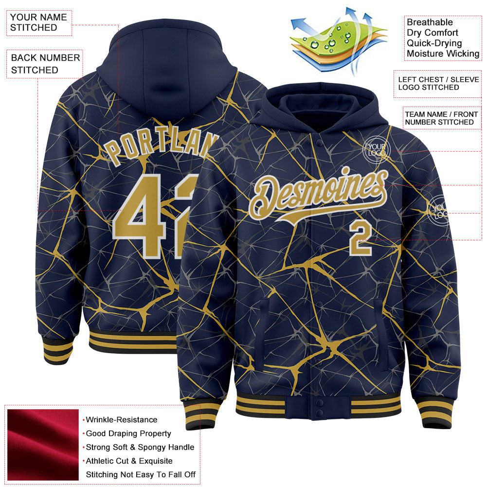 Custom Navy Old Gold-White Abstract Network 3D Pattern Design Bomber Full-Snap Varsity Letterman Hoodie Jacket view 4
