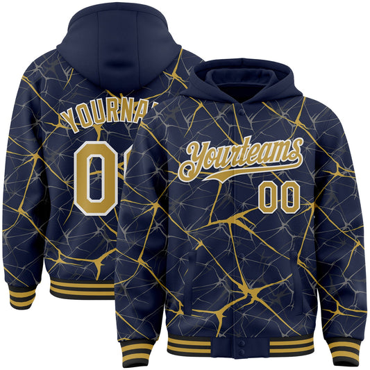 Custom Navy Old Gold-White Abstract Network 3D Pattern Design Bomber Full-Snap Varsity Letterman Hoodie Jacket - Main View