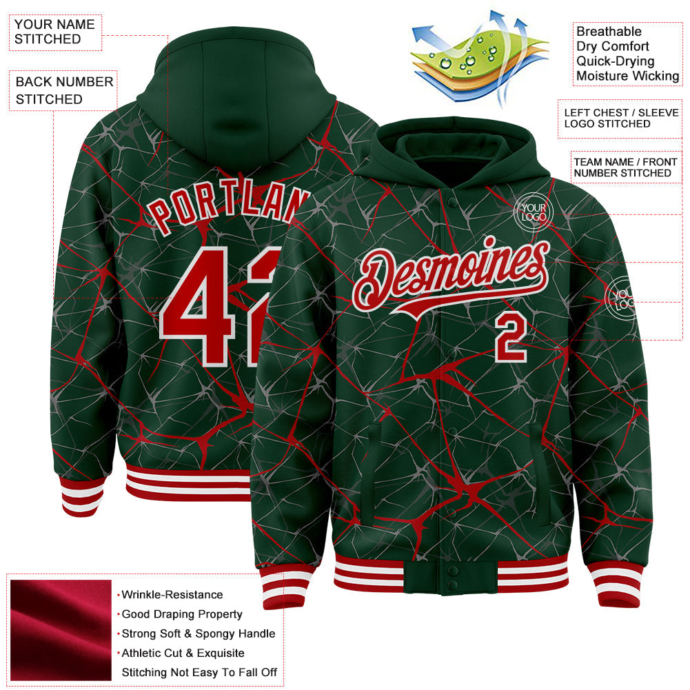 Custom Green Red-White Abstract Network 3D Pattern Design Bomber Full-Snap Varsity Letterman Hoodie Jacket view 4