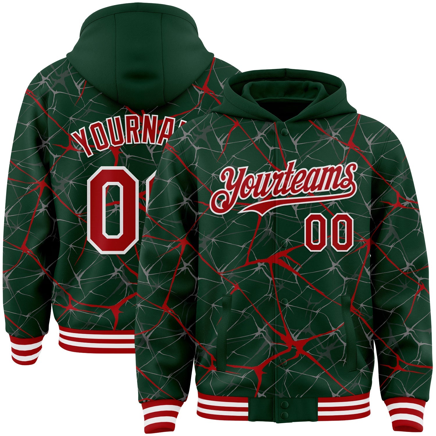 Custom Green Red-White Abstract Network 3D Pattern Design Bomber Full-Snap Varsity Letterman Hoodie Jacket - Main View