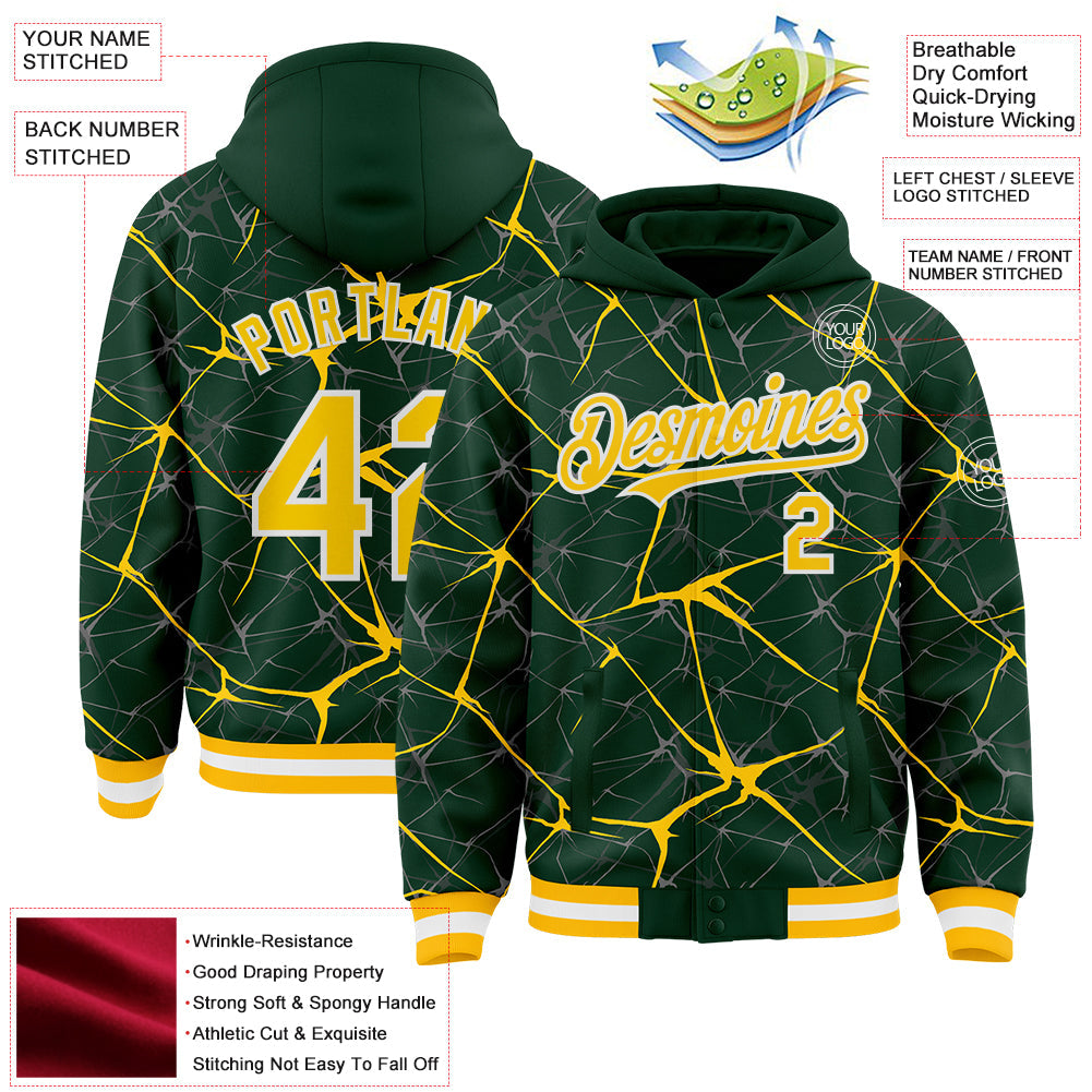 Custom Green Yellow-White Abstract Network 3D Pattern Design Bomber Full-Snap Varsity Letterman Hoodie Jacket view 4