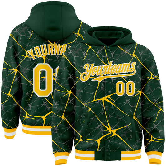 Custom Green Yellow-White Abstract Network 3D Pattern Design Bomber Full-Snap Varsity Letterman Hoodie Jacket - Main View