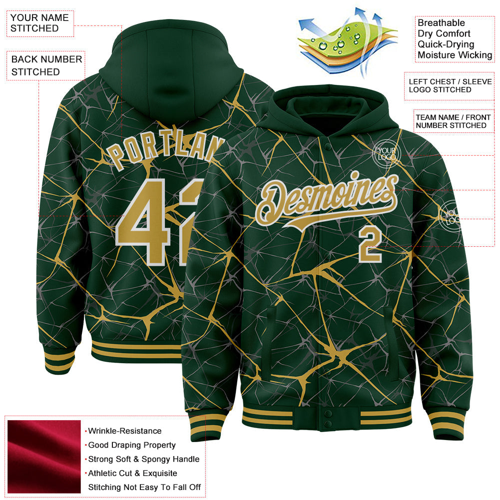 Custom Green Old Gold-White Abstract Network 3D Pattern Design Bomber Full-Snap Varsity Letterman Hoodie Jacket view 4