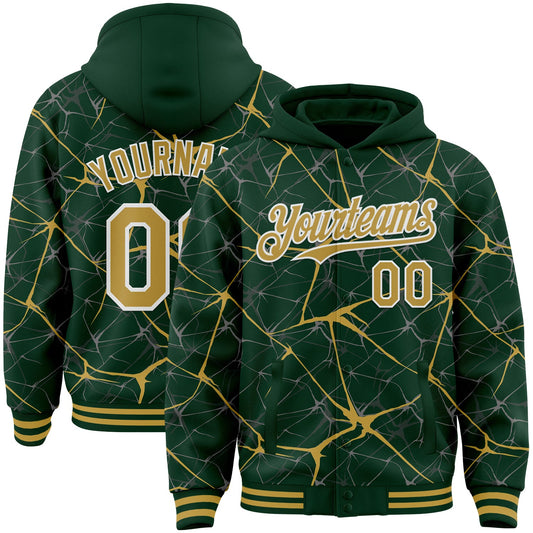 Custom Green Old Gold-White Abstract Network 3D Pattern Design Bomber Full-Snap Varsity Letterman Hoodie Jacket - Main View
