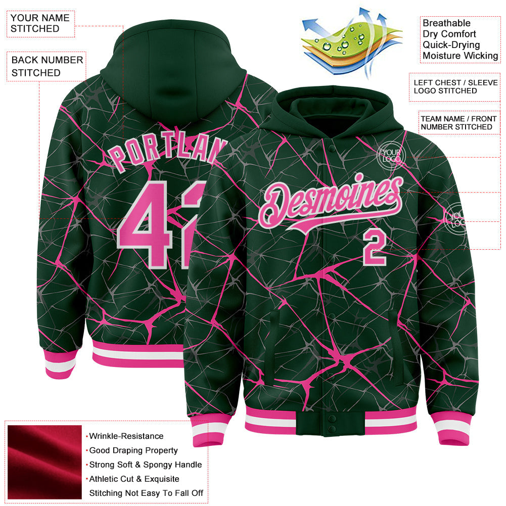 Custom Green Pink-White Abstract Network 3D Pattern Design Bomber Full-Snap Varsity Letterman Hoodie Jacket view 4