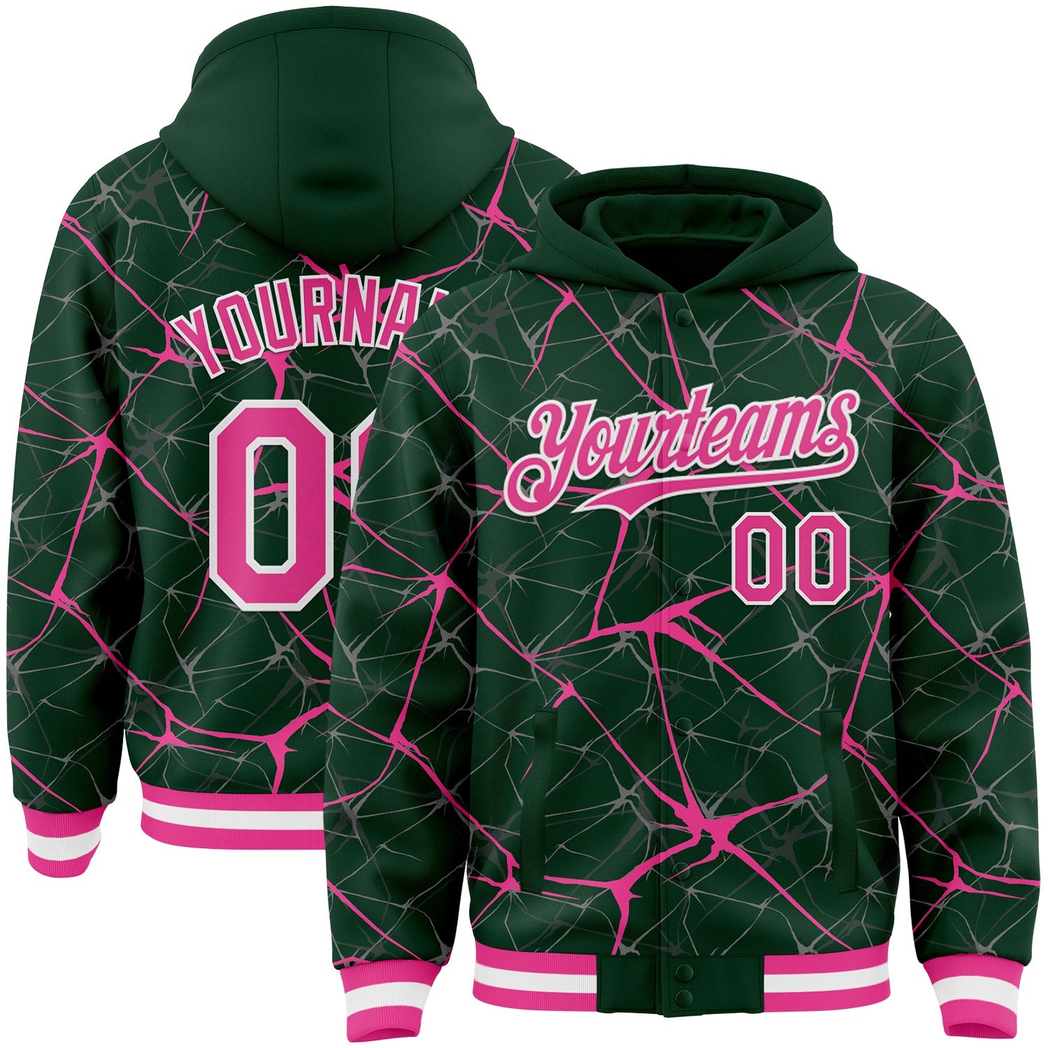 Custom Green Pink-White Abstract Network 3D Pattern Design Bomber Full-Snap Varsity Letterman Hoodie Jacket - Main View