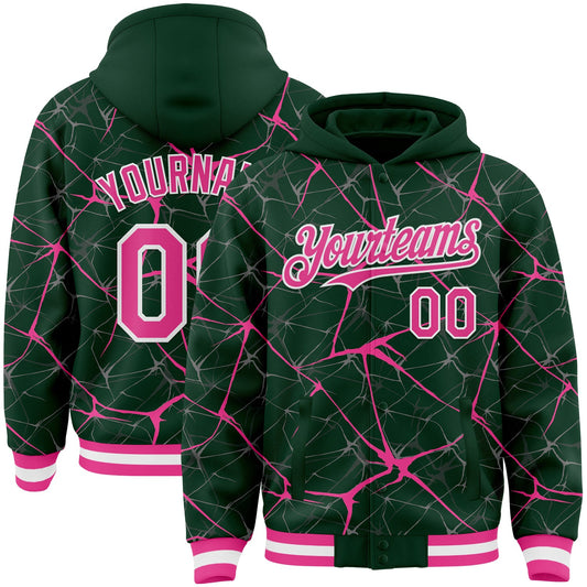 Custom Green Pink-White Abstract Network 3D Pattern Design Bomber Full-Snap Varsity Letterman Hoodie Jacket - Main View
