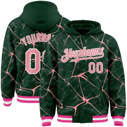 Custom Green Medium Pink-White Abstract Network 3D Pattern Design Bomber Full-Snap Varsity Letterman Hoodie Jacket - Main View