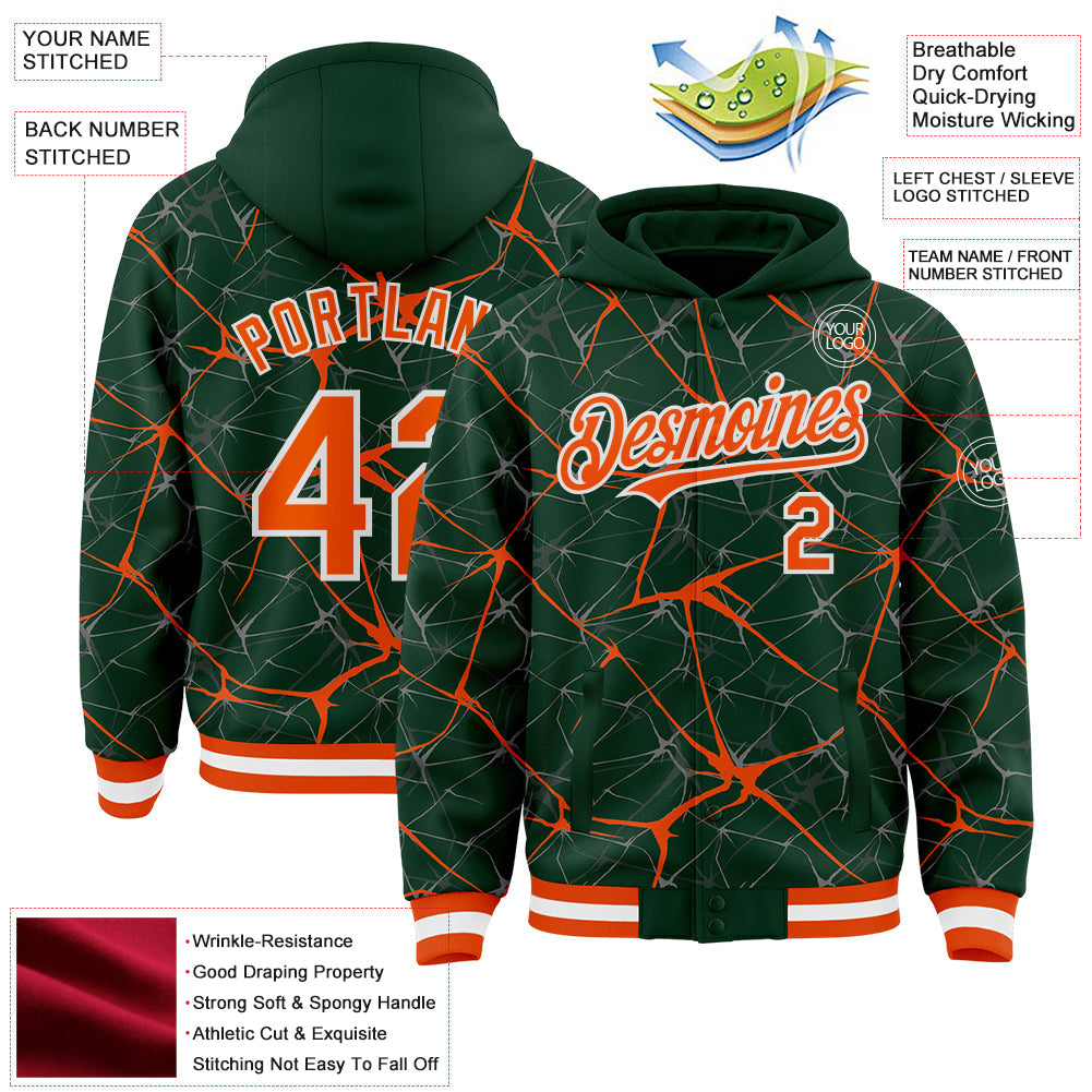 Custom Green Orange-White Abstract Network 3D Pattern Design Bomber Full-Snap Varsity Letterman Hoodie Jacket view 4