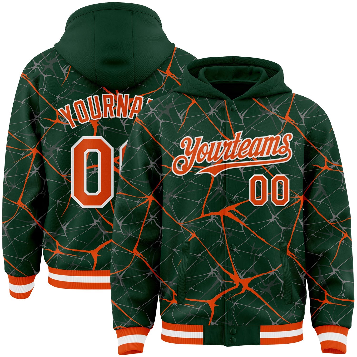 Custom Green Orange-White Abstract Network 3D Pattern Design Bomber Full-Snap Varsity Letterman Hoodie Jacket - Main View