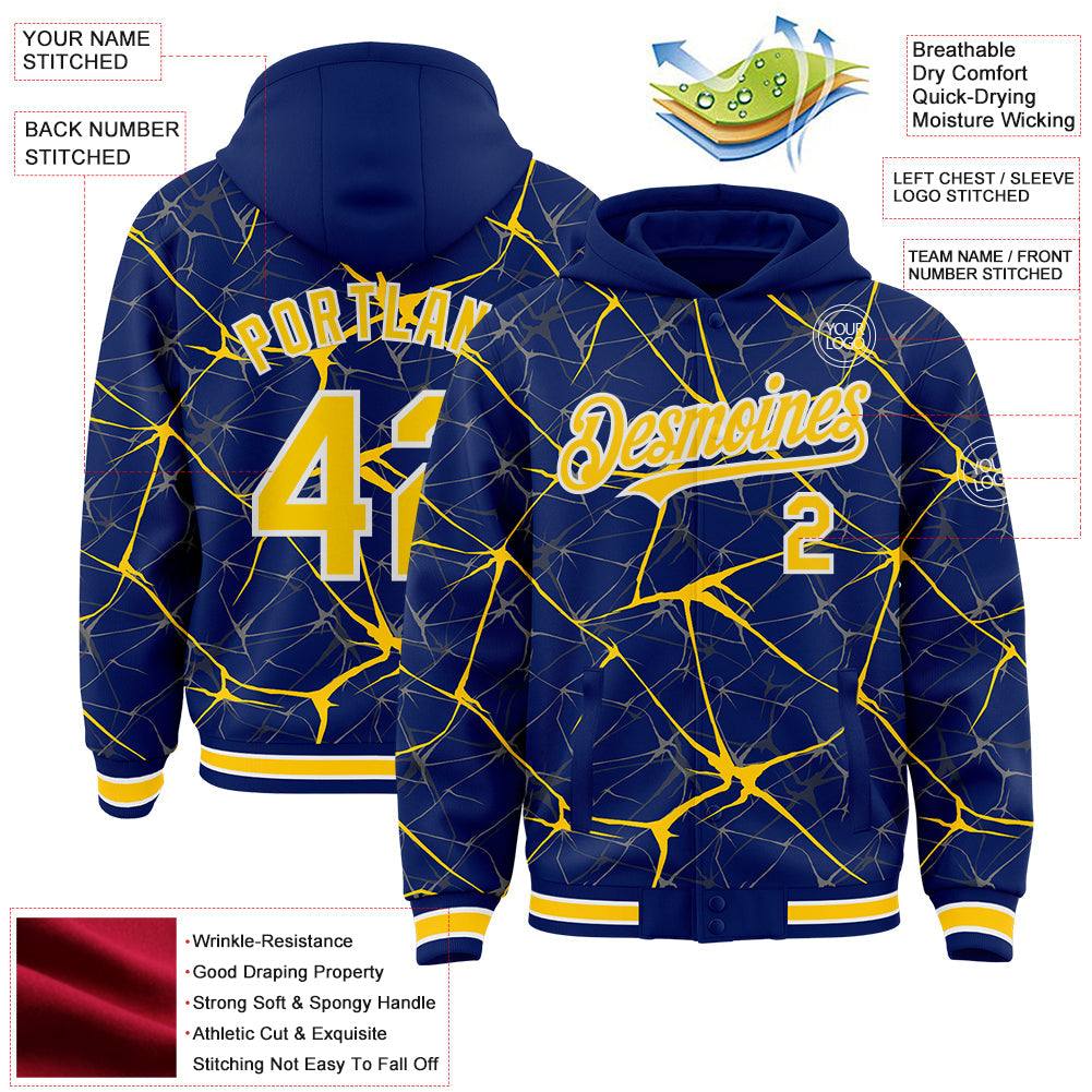 Custom Royal Yellow-White Abstract Network 3D Pattern Design Bomber Full-Snap Varsity Letterman Hoodie Jacket view 4