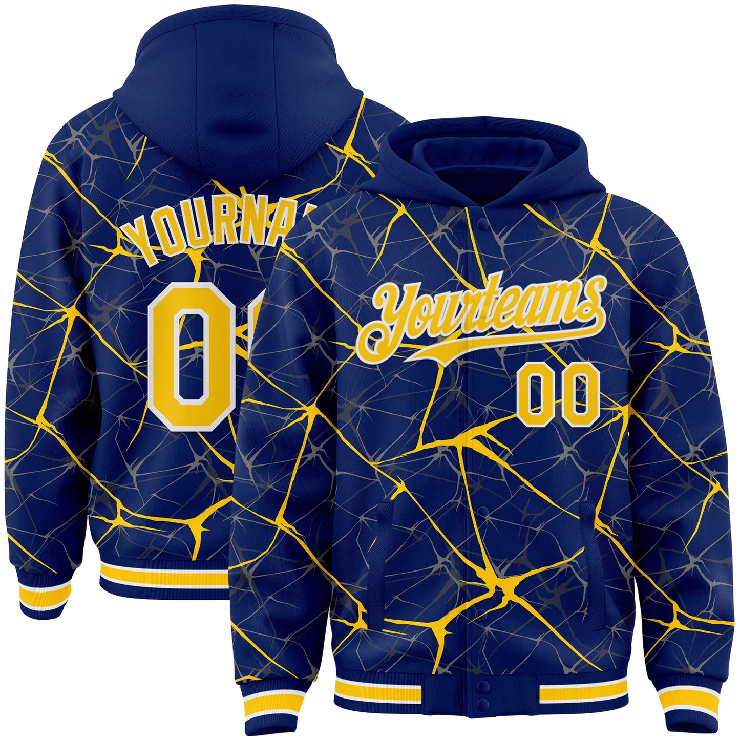 Custom Royal Yellow-White Abstract Network 3D Pattern Design Bomber Full-Snap Varsity Letterman Hoodie Jacket - Main View