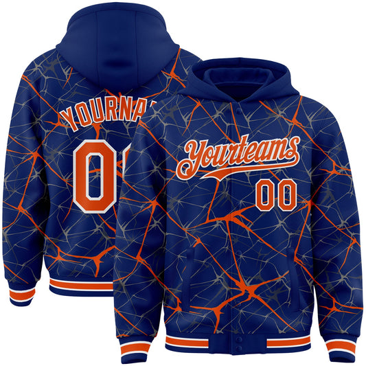 Custom Royal Orange-White Abstract Network 3D Pattern Design Bomber Full-Snap Varsity Letterman Hoodie Jacket - Main View