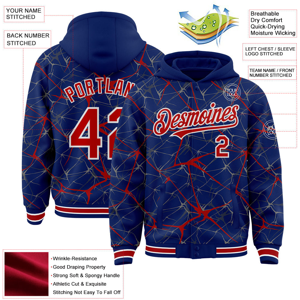 Custom Royal Red-White Abstract Network 3D Pattern Design Bomber Full-Snap Varsity Letterman Hoodie Jacket view 4