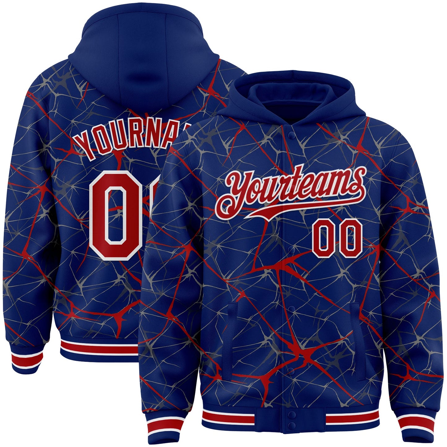 Custom Royal Red-White Abstract Network 3D Pattern Design Bomber Full-Snap Varsity Letterman Hoodie Jacket - Main View
